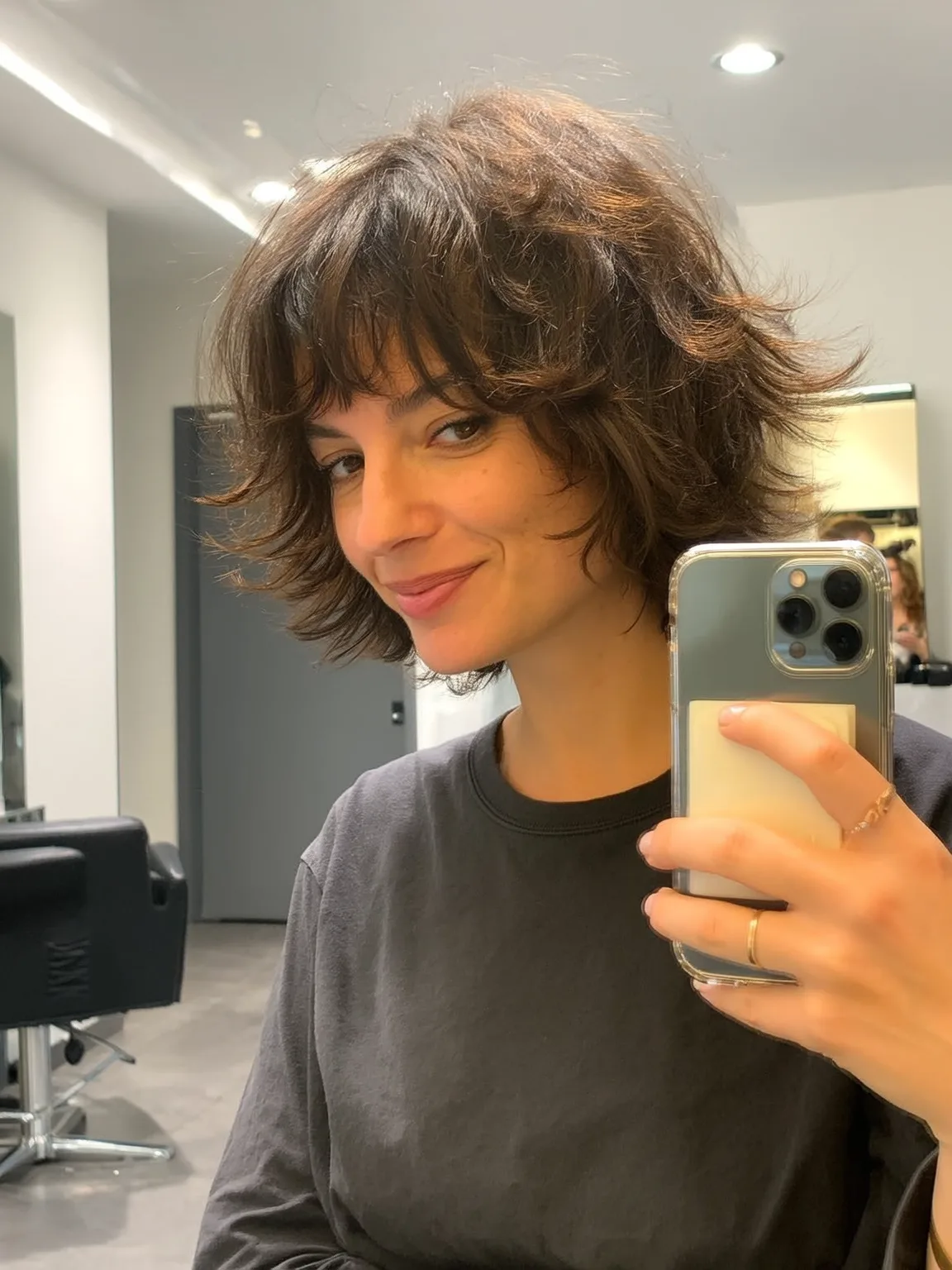 Choppy Bob with Wispy Bangs in Warm Chestnut Brown